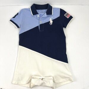 Ralph Lauren Big Pony 100% Cotton Infant Shortall Romper sz 12 Months Blue Multi